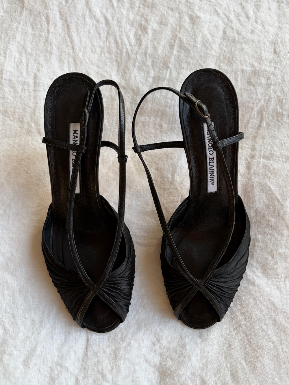 Vintage Manolo Blahnik Satin Leather Ruched Open Peep Toe Strap Heels 90s